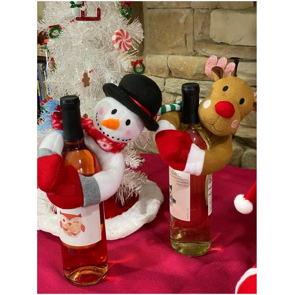 Christmas Home Décor Snowmen Ornaments Wine Bottle Cover Hugger Topper Set 2pc - Picture 6 of 9